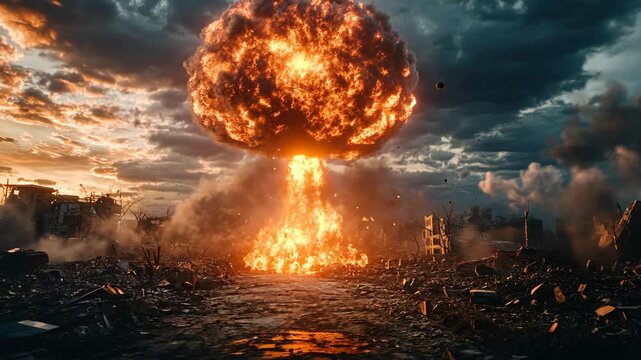 Devastating explosion engulfs cityscape at sunset, illustrating the aftermath of destruction and chaos