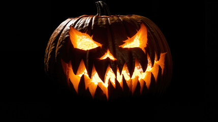 Glowing Evil Pumpkin with Sharp Teeth on Black Background - Halloween Concept, jackolantern