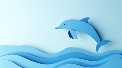 Fototapeta premium Blue dolphin paper cut on blue background fun marine-themed design perfect for children’s books or ocean-themed projects