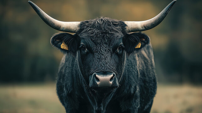 A powerful black bull with prominent curved horns standing in a grassy field, facing directly at the camera with a serious and intense expression, showing its majestic presence.