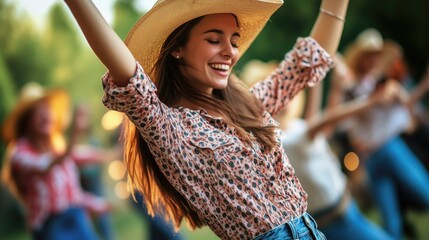 People men and women friends dancing joyfully in cowboy attire outdoors