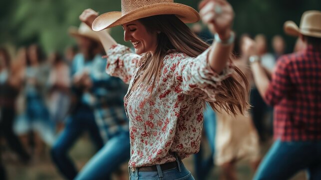 People men and women friends dancing joyfully in cowboy attire outdoors