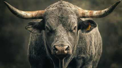 Naklejka premium A strong and mighty gray bull with impressive horns glaring directly at the camera while standing in an open field, portraying a sense of power and rugged beauty against the natural backdrop.