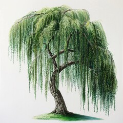 A watercolor painting of a weeping willow tree with long green branches and leaves.