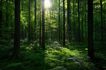 Naklejka premium Sunbeams shining through lush green forest trees and mossy ground, nature photography