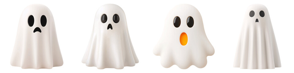 Four cartoon-style ghosts display different emotions on a black background, showcasing expressions like sadness, surprise, and happiness.