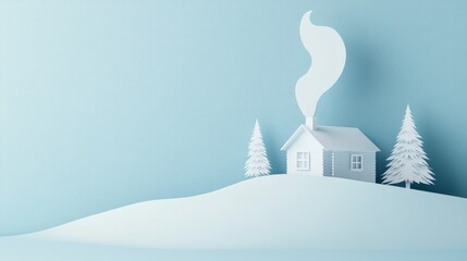 White house with chimney smoke in winter paper cut design ideal for Christmas cards or seasonal illustrations