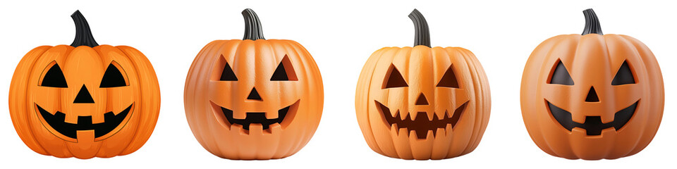 Four cheerful Halloween pumpkins with different facial expressions, set against a black background, celebrating the festive spirit of the season.