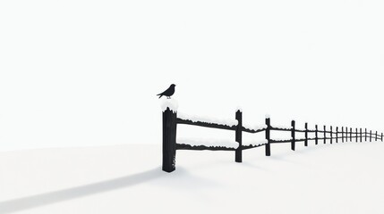 Naklejka premium Fence in snowy field with bird paper cut winter nature-themed design perfect for seasonal illustrations or nature posters
