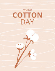 World cotton day banner template. Cotton branch emblem. Purity, innocence, and new beginnings symbols. Vector flat illustration.