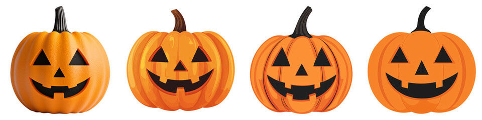 Four grinning Halloween pumpkins with carved faces, showcasing classic spooky designs against  on transparent background.