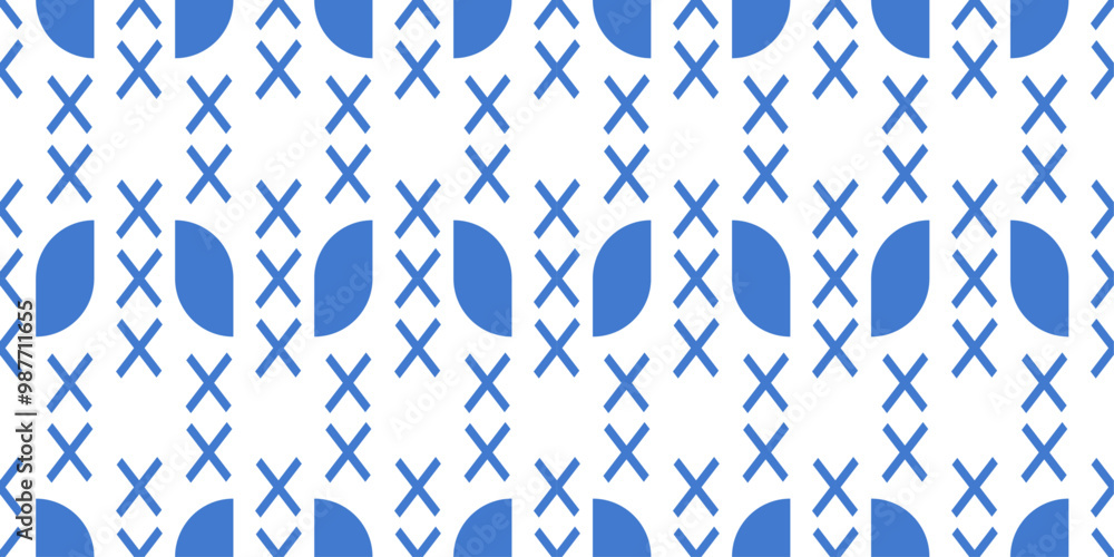 Fototapete Geometric pattern of blue shapes. Rounded on one side and angular on the other, the shape is repeated in the pattern.