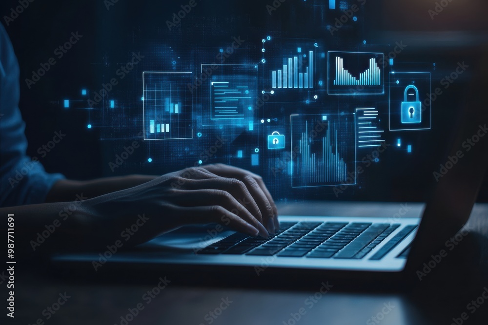 Poster person typing on laptop with digital security icons representing cybersecurity and data protection