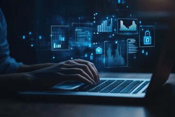Person typing on laptop with digital security icons representing cybersecurity and data protection