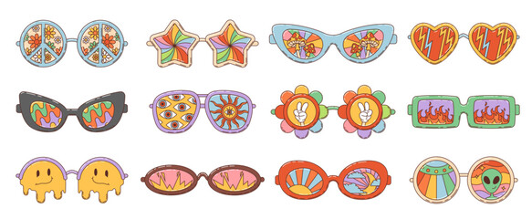 Retro groovy eyewear sunglasses. Vector funky disco glasses in shape of heart, flower, star, hippy peace sign and emoji smile. Vintage sunglasses with rainbow, psychedelic geometric pattern and fire