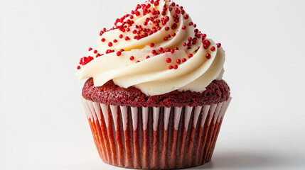 A delectable red velvet cupcake adorned with smooth, creamy frosting and red sprinkles, representing a delightful dessert choice perfect for any celebration or casual indulgence.