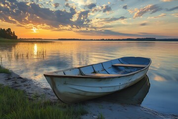 Obraz premium Rowboat on a lake shore at sunset. Peaceful and tranquil landscape with calm waters.