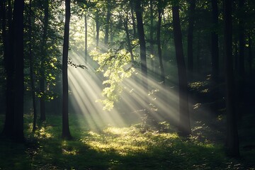 Sunbeams filtering through trees in a misty forest, nature photography, green leaves, pathway, light and shadow