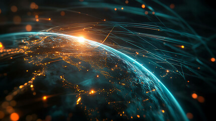 Fototapeta premium A digital illustration of the Earth glowing with light and lines connecting around it.
