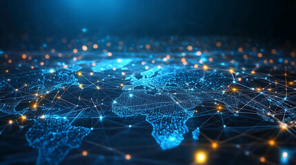 Obraz premium Abstract illustration of the world map made up of glowing lines and nodes.