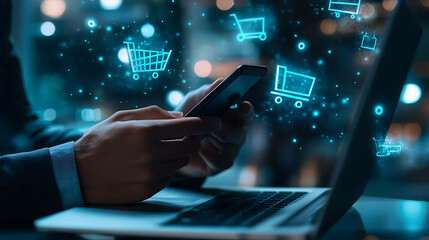 Fototapeta premium Close up of hands holding a smartphone with shopping cart icons around them.