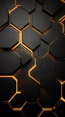 A striking hexagonal pattern with a sleek black surface illuminated by golden edges, perfect for modern backgrounds and designs.