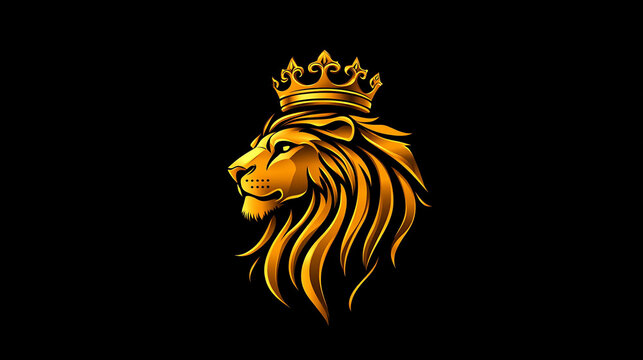Golden lion with a crown, powerful and majestic.