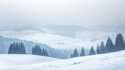 Fototapeta premium Snowy mountain landscape with winter wonderland, evergreen trees covered in snow, serene nature scene, snowfall, peaceful view, outdoor beauty, cold weather concept