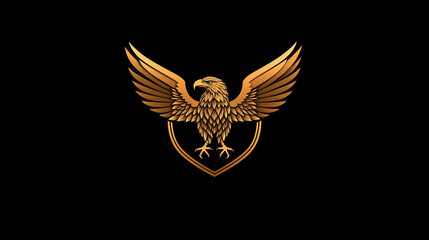 A golden eagle with its wings spread wide, perched atop a shield, isolated against a black background.