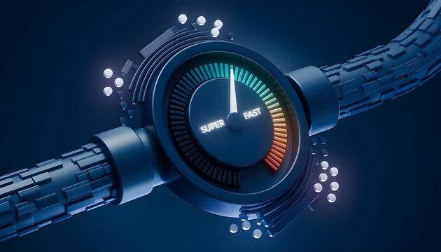 Abstract low poly 3d network cable and speedometer in dark blue. Super fast internet connection, speed test gauge concept. Digital vector mesh wireframe with lines, dots, shapes and glowing particles. - Powered by Adobe