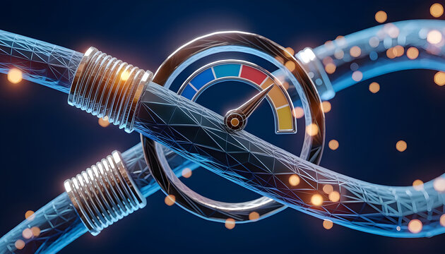 Abstract low poly 3d network cable and speedometer in dark blue. Super fast internet connection, speed test gauge concept. Digital vector mesh wireframe with lines, dots, shapes and glowing particles.