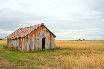 Obraz premium Rustic Wooden Barn in a Field of Wheat Under a Cloudy Sky