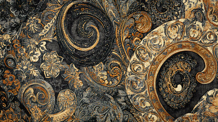 Obraz premium Intricate paisley pattern in gold and blue tones on a dark background.