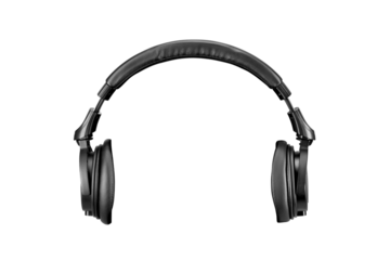 Front view of black studio headphones isolated. Transparent PNG image.