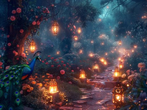banner background of Navratri Day [An ethereal forest scene illuminated by glowing lanterns, where the path is lined with colorful flowers and peacock feathers, creating a mystical atmosphere
