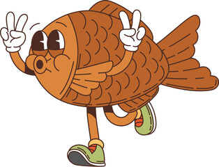Retro Japanese taiyaki fish groovy character in cartoon comic, vector funny pastry dessert. Groovy funky taiyaki fish cake with happy face and whistling in good vibes, Japanese cartoon food character © Buch&Bee