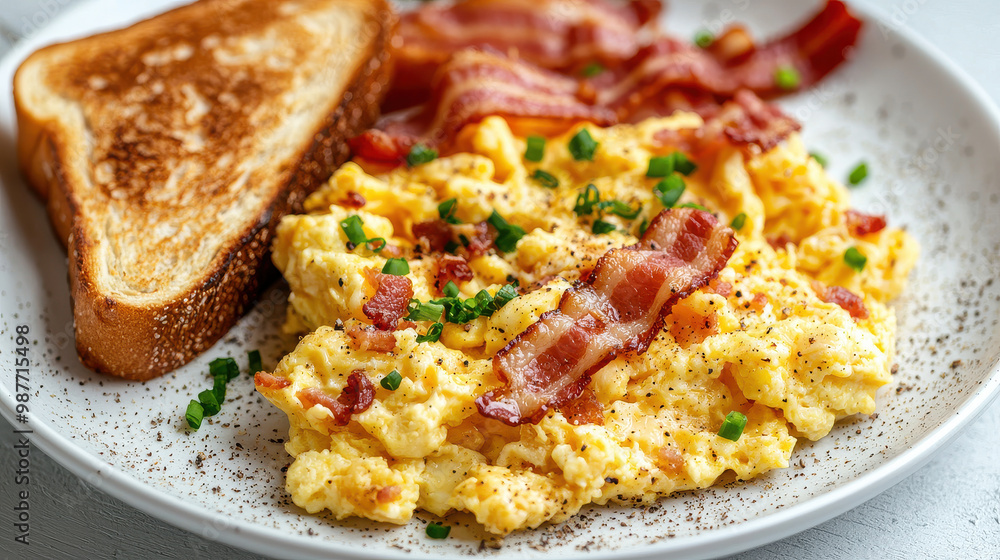 Wall mural A delicious breakfast dish featuring scrambled eggs garnished with fresh chives and crispy bacon, served with a slice of golden-brown toast and black pepper seasoning.