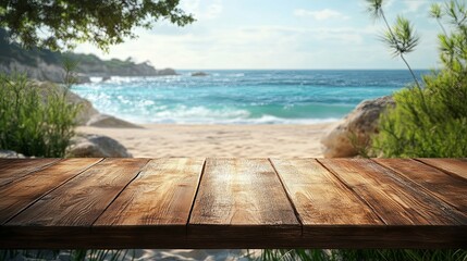Wooden Tabletop Overlooking a Tranquil Beach Scene