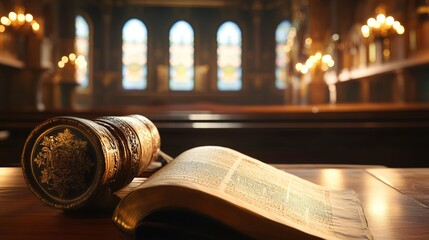 A beautifully lit scene featuring an ancient scroll and an open book on a wooden table, with stained glass windows in a serene library environment.