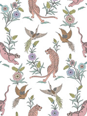 Fototapeta premium Exotic jungle wallpaper. Set of vector jungle animals. Set of tiger and birds in cartoon theme animal design vector illustration on white background. hand drawn leopard, tiger, birds, and trees.