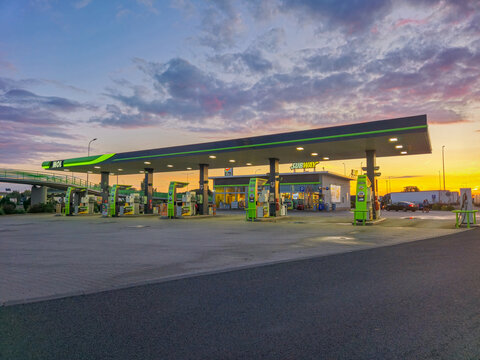 Police Mostowe, Poland - July 5, 2024: Mol gas station at sunset.