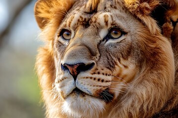 Fototapeta premium Close up portrait of a majestic lion with intense gaze, showcasing its powerful presence and wild beauty.