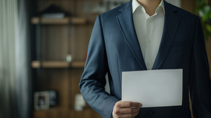 Confident professional in sleek attire, poised with resume, minimalist office backdrop, ideal for career and recruitment concepts.