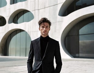 Modern Man in the City: A dapper young man in a black suit and turtleneck stands confidently against a backdrop of modern architecture, exuding an air of sophistication and urban cool. The composition