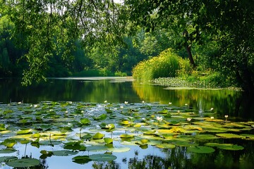 Tranquil pond surrounded by lush greenery with water lily pads