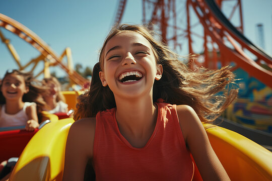 Happy children laughing on a rollercoaster at an amusement park