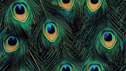 Obraz premium Ethereal Elegance: Seamless Peacock Feather Pattern in Minimalistic Layout with Iridescent Greens and Blues