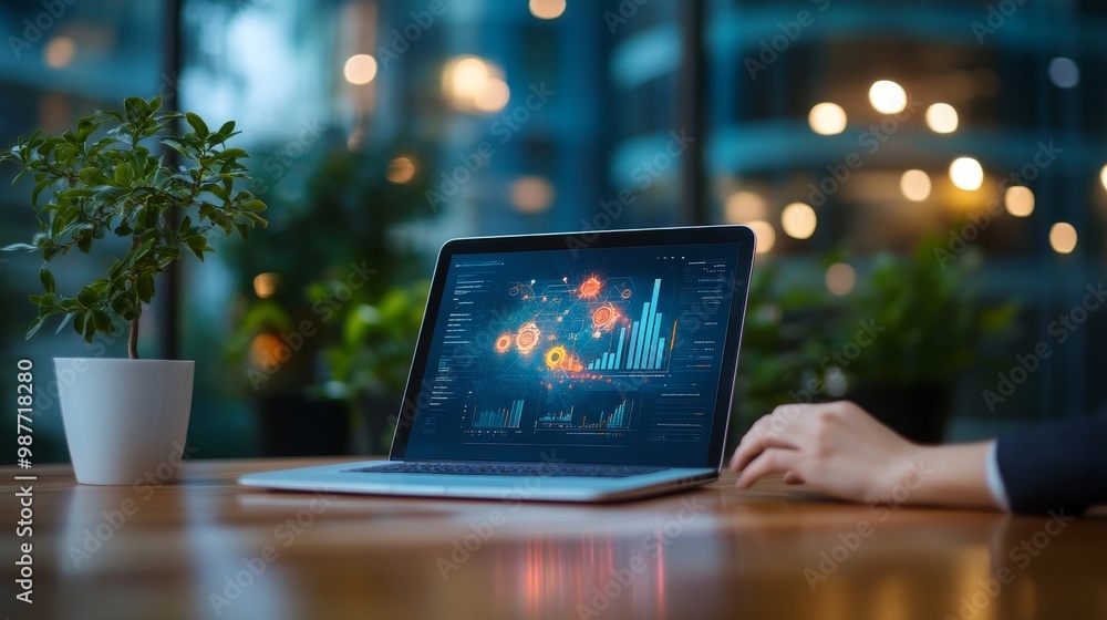 Aufkleber data analysis on laptop with greenery and bokeh background