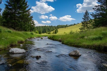 Fototapeta premium Tranquil Stream Flowing Through Lush Green Meadow Under a Blue Sky