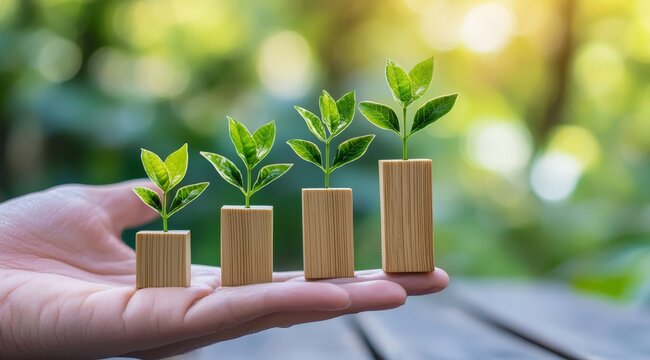 little wooden blocks in the shape of a graph with little green seedlings on top - concept of ecological growth